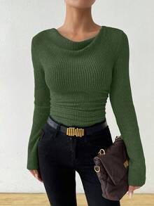 RosyDaze 复古不对称垂坠领口纹理褶饰修身长袖 T 恤橄榄绿罗纹上衣深绿色罗纹上衣绿色罗纹上衣女款绿色长袖上衣绿色围脖领上衣 - 軍綠色 - 查看 7