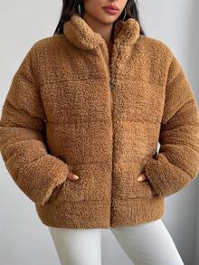 SHEIN Tall Women Fluffy Detailed Padded Coat Teddy Jacket Fur Jacket Brown Jacket Faux Fur Jacket