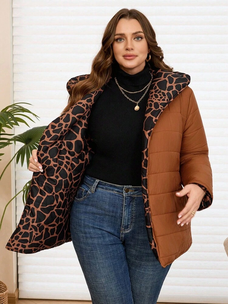 Plus Size Women's Reversible Leopard Print Long Sleeve Hooded Casual Winter Jacket Fall Clothes For Women Winter Clothes