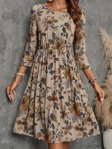EMERY ROSE Plus Size Long Fall Dress Women Floral Print Round Neck Short Sleeve Loose Casual Dress, Fall Women Clothes