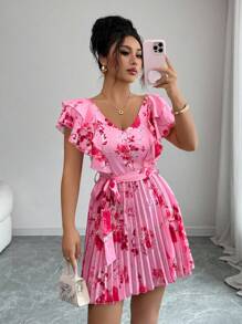 Elenzga Ruffled V-Neck Cinched Waist A-Line Floral Print Vacation Elegant Romantic Dress For Women