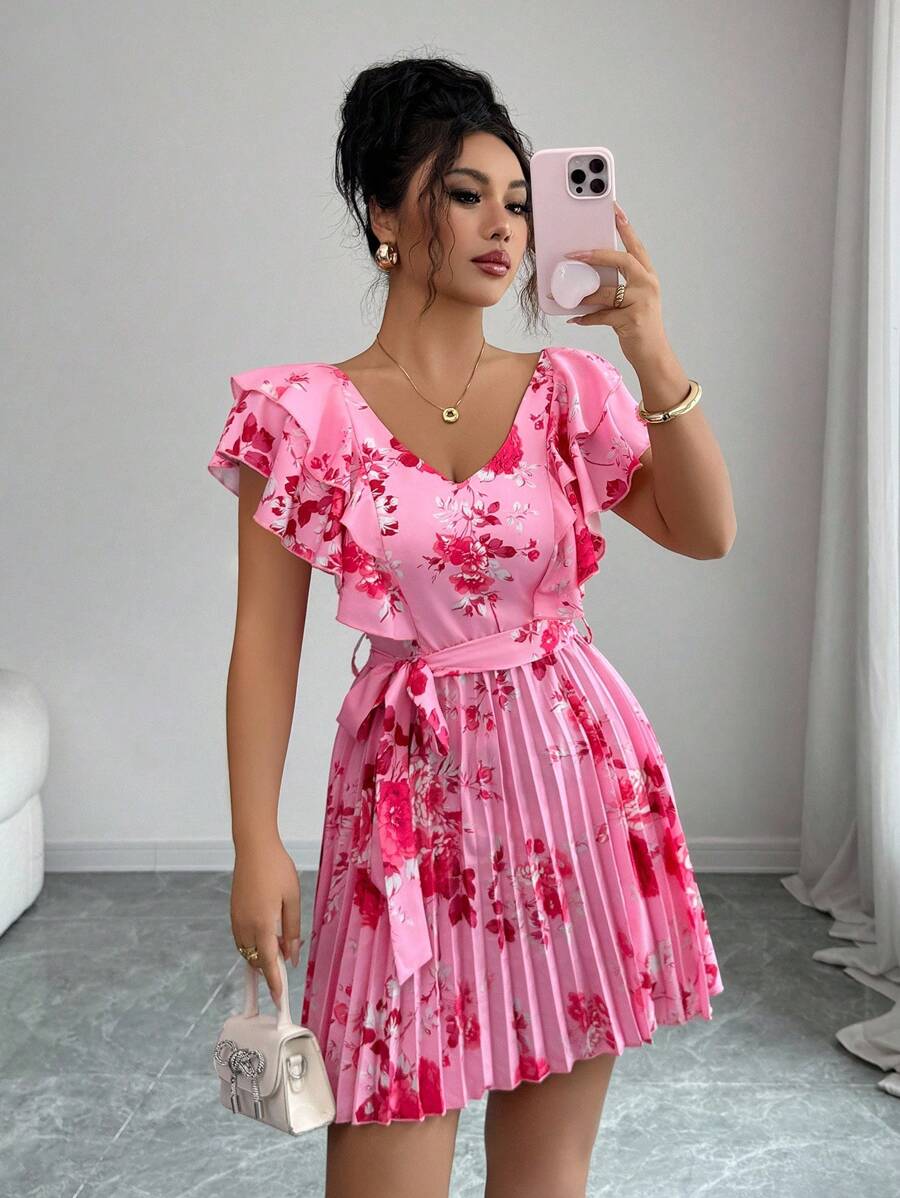 Elenzga Ruffled V-Neck Cinched Waist A-Line Floral Print Vacation Elegant Romantic Dress For Women