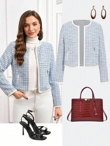 Ellevyn Elegante französische Karojacke für Damen im Herbst, Business-Lässig für Herbst/Winter - Blau-Weiß - Übersicht 2