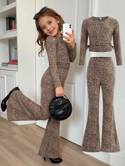 Tween Girls' Frenchy Casual Leopard Print Knit Round Neck Ruched Long Sleeve Fitted Knit Top And Flare Pants Set, Suitable For Home And Outdoor ,Travel Outfit Airport,Fashionable,Cool Street Style,Daily Wear,School Daily,Casual&Cute,Sisters Outfit ,Mom And Daughter Matching,Autumn,Winter. Fall