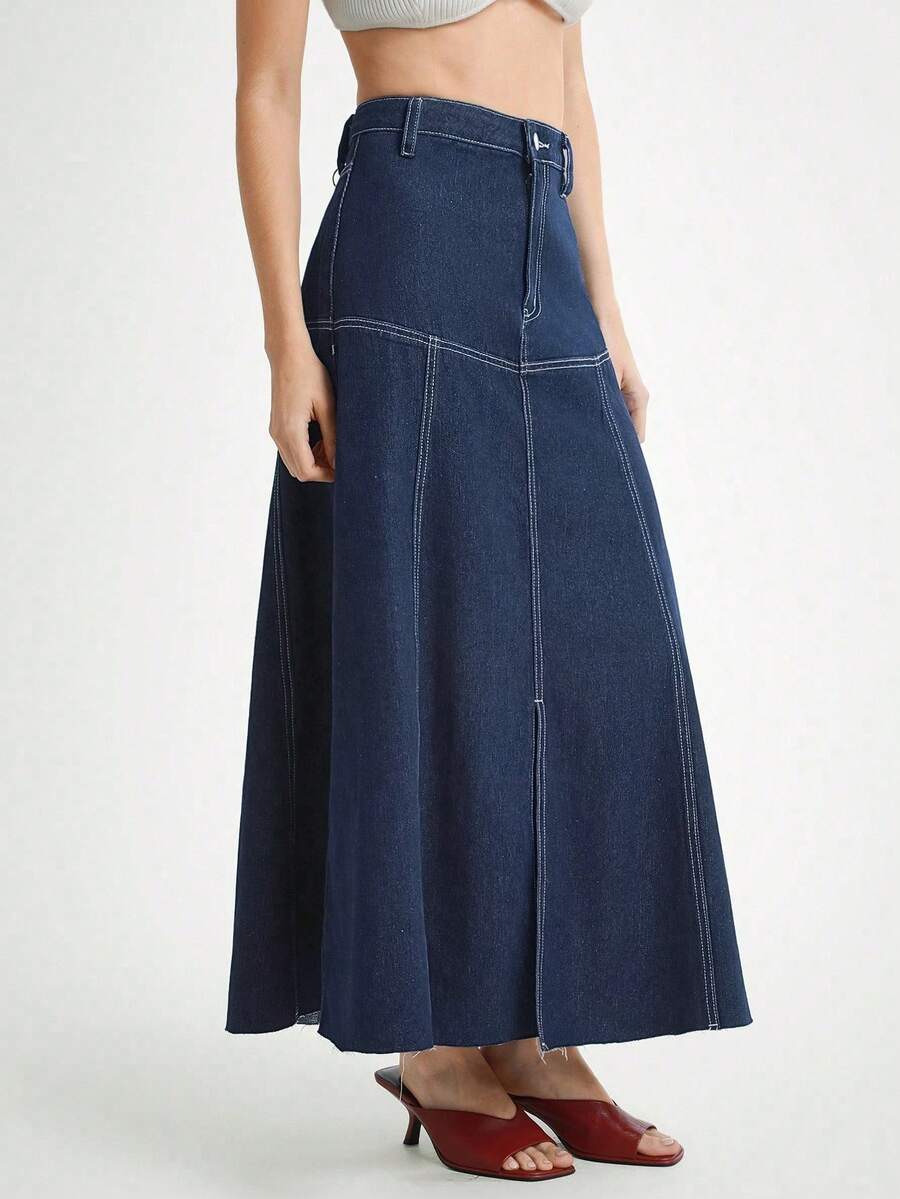 Daynim Chân váy denim xẻ tà chữ A trơn màu đơn sắc dành cho nữ - Rửa tối - Xem 1