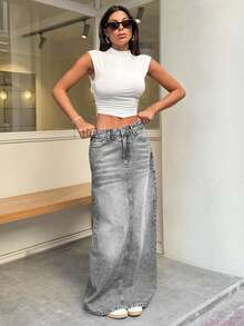 EURMUSE 100% Cotton WOMEN MID WAIST MAXI SKIRT - Grey - View 3