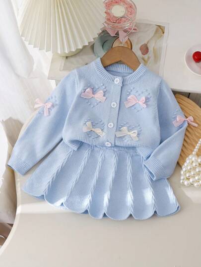 SHEIN Playful Pals Baby Girl, Casual, Fashionable And Cute Bow Decor Knitted Sweater + Knitted Skirt Two Pieces Set, Soft And Comfortable, Suitable For Daily Scenes, Suitable For Scenes