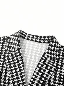 Ellevyn 大码女式秋季千鸟格单排扣长袖夹克和铅笔裙优雅套装 - 黑與白 - 查看 13