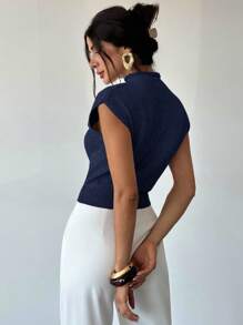 Firerie 优雅高领宽松休闲百搭秋冬无袖针织毛衣背心 - 藏蓝色 - 查看 2