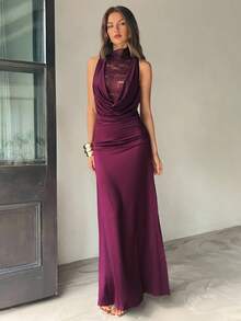 Aloruh Women's Elegant Drap Neck Fitted Lace Pathwork Maxi Dress,Women Night Out Wedding Guest ,Sun Dresses For Women,Fall - Purple - View 6