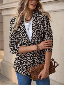 Solivie Áo khoác blazer nữ thời trang cổ ve lật tay 3/4 họa tiết da báo - Màu be - Xem 8
