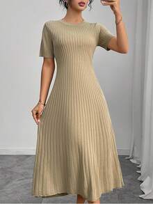 Modelyn Women's Casual Solid Color Ribbed Tie-Up Knit Dress - Khaki - View 7