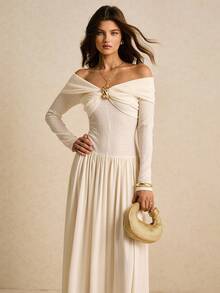 Poéselle 象牙色露肩扭结前襟长款连衣裙，褶皱胸衣搭配飘逸雪纺裙摆——浪漫田园风优雅，露肩长款连衣裙，象牙色婚礼宾客礼服，优雅派对礼服，田园风时尚，褶皱胸衣礼服，飘逸雪纺裙，浪漫约会之夜装扮，低调奢华风格，秋季新娘送礼会造型，纹理金属扣露肩中长连衣裙，女士秋季服装 - 杏色 - 查看 1