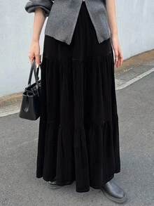 FRIFUL 女式弹性腰部天鹅绒A字长裙 - 黑色 - 查看 3