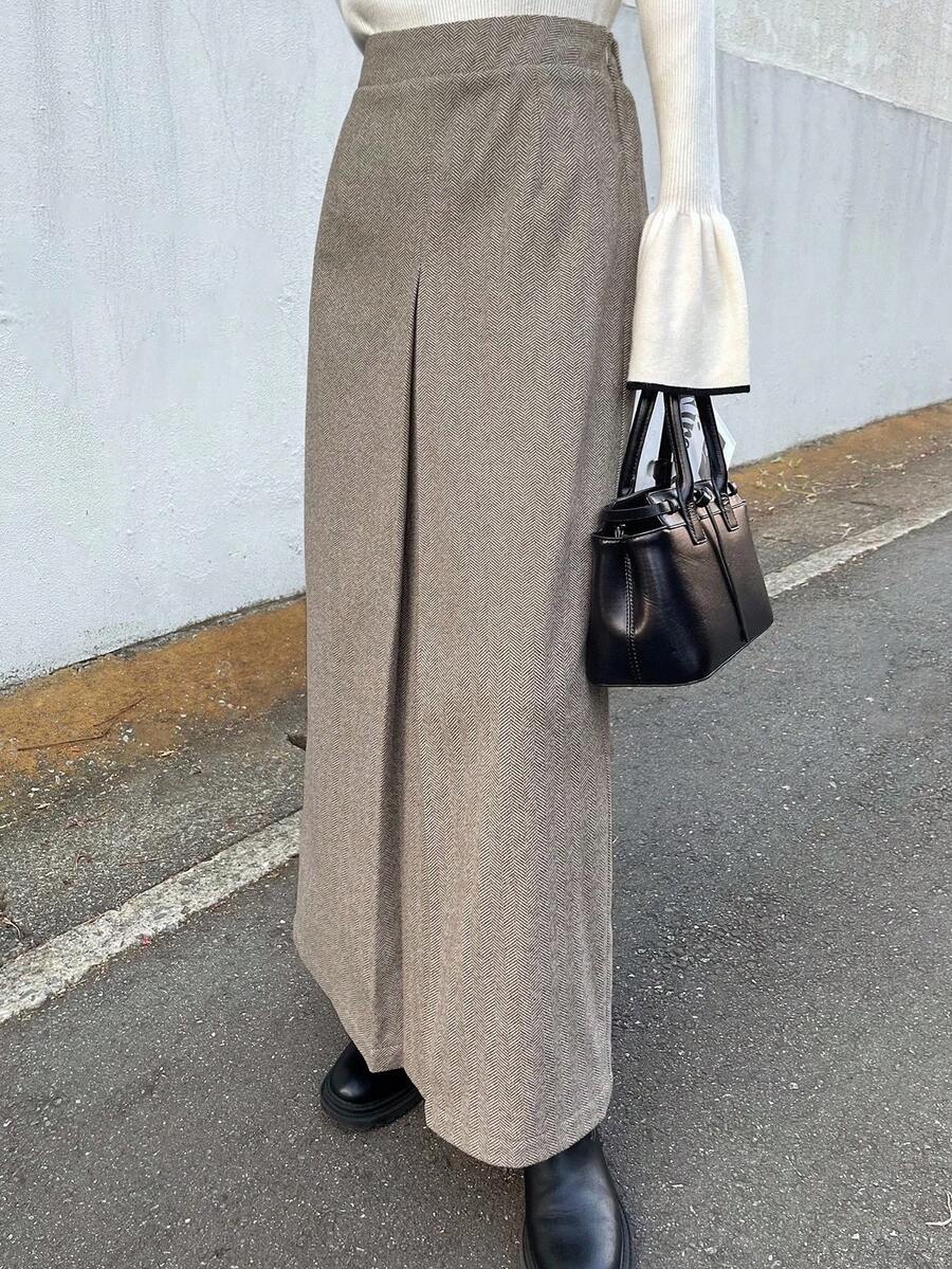 FRIFUL 女士直筒前褶纯色休闲半身裙 - 灰色 - 查看 1