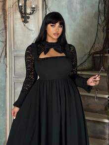 Flirla Plus Size Halloween Dark Contrast Lace-Up Dress - Black - View 3