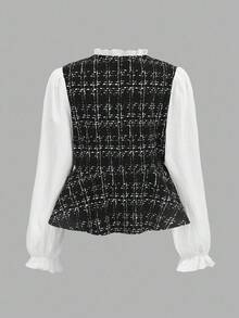 Girlism Ensemble deux pièces pour jeune fille, chemise à manches longues à col volant plissé en tissu croisé élégant pour le printemps et l'automne + pantalon simple en tissu croisé tressé - Noir et Blanc - Voir 10