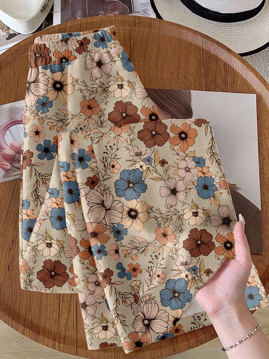 Rusticease 女士休闲宽松碎花松紧腰阔腿裤，杏色，适合秋冬 - 彩色 - 查看 1