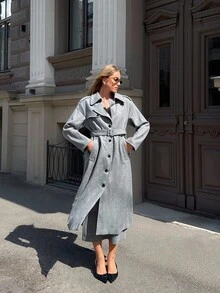 MOTF PREMIUM 羊毛翻领系腰带大衣 - 灰色 - 查看 5