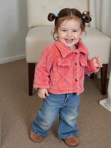 SHEIN Baby Girl Fashionable And Versatile Jacquard Fabric Thickened Plush Jacket, Suitable For Autumn And Winter Daily Wear - Pink - View 8