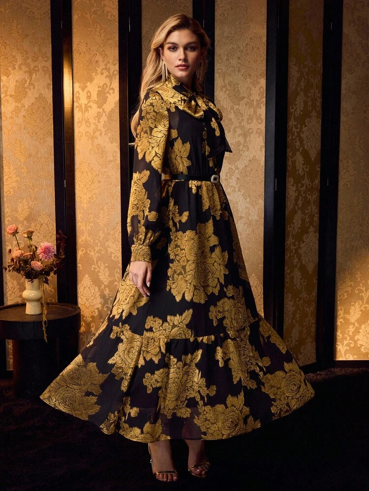 JACQUARD TIE NECK DRESS
