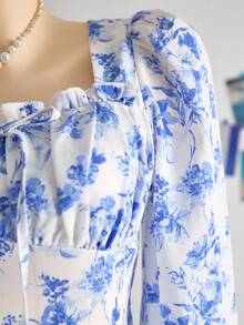 少女优雅花卉印花方领连衣裙，荷叶边饰边，荷叶边袖子，珍珠纽扣装饰，适合春秋季长款女童装 - 藍白色 - 查看 7