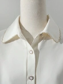 Franclia 优雅合身翻领饰边褶饰前襟纽扣开合长袖卡其色女式衬衫，春/秋 - 白色 - 查看 3
