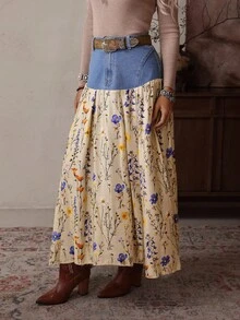 EMERY ROSE Minifalda de mezclilla con estampado floral y parches casual para mujer - Azul - Ver 6