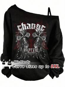 SHEIN CURVE+ 大码休闲简约单肩长袖T恤，适合万圣节/秋冬 - 彩色 - 查看 1