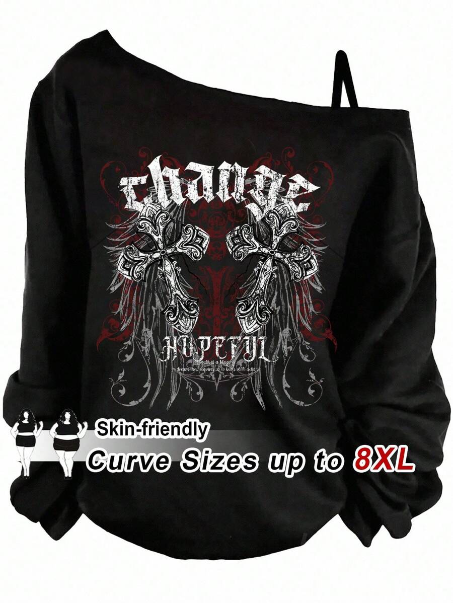 SHEIN CURVE+ 大码休闲简约单肩长袖T恤，适合万圣节/秋冬 - 彩色 - 查看 1