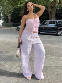 NegzBox Casual Loose Straight Pants For Women, Striped Tie Waist Linen Trousers For Home And Daily Wear, School - Pink - View 1