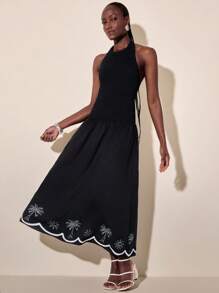 CAJUNI Women's Boho Colorful Print Vacation Casual Beach Elastic Waist Long Dress With Ruffled Hem And Hollow-Out Pattern