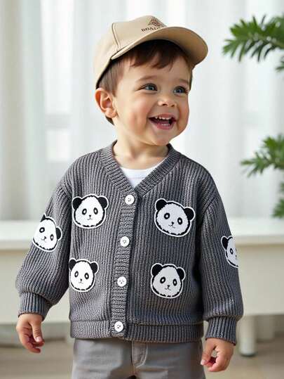 SHEIN 1 pieza Chaqueta de punto bordada casual y cómoda para niños pequeños, manga larga, adecuada para uso diario en otoño/invierno