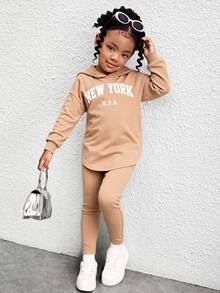Kleine Mädchen Asymmetrischer Saum Drop Shoulder Hoodie & Leggings 2 Stücke Outfit, bequem, Herbst und Winter, ideal für Lässig & Alltag & Schule, coole Streetwear für Y2K Kleine Mädchen