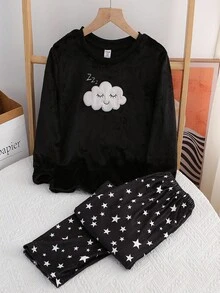 Genkimix Kids Girls Pajamas, Elegant Casual Home Wear, Long Sleeve Top & Pants Set, Cloud & Smile Embroidery, Starry Sky Pattern, Fleece Fabric, Suitable For Tween Girlsin Autumn/Winter Black Pj Set Fall - Black - View 4