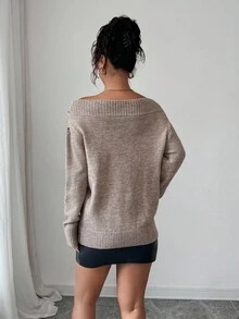 Selianne Off Shoulder Beaded Long Sleeve Loose Knit Sweater For Women - Mocha Brown - View 2