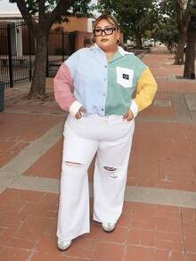 Enliva Jeans boyfriend déchiré casual avec boutons frontaux et poches, couleur unie, grande taille