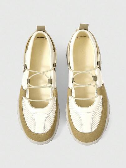 Zapatillas deportivas de mujer con diseño de malla y parches, estilo cruzado, puntera redonda, suela gruesa y ligera, para uso diario y deportivo