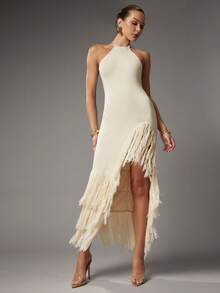 Hauture Vestido de verano sexy y bohemio para vacaciones con escote halter, espalda descubierta, flecos y abertura en el bajo - Albaricoque - Ver 5