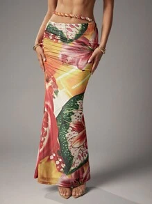 Hauture Women Fitted Mesh Fruit Floral Print Maxi Skirt With Braid Detail Boho Ibiza Cute Sexy Vacation