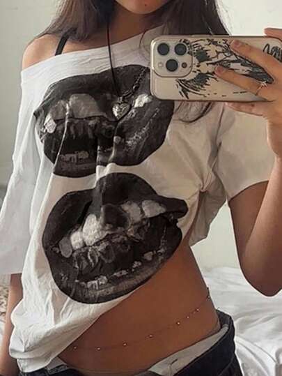 SHEIN EZwear Casual Retro Black & White Portrait Lip Print Off Shoulder Loose Fit Plus Size Women T-Shirt Graphic Tees Women Graphic Tops Women Lips Shirt Off The Shoulder Tops For Women