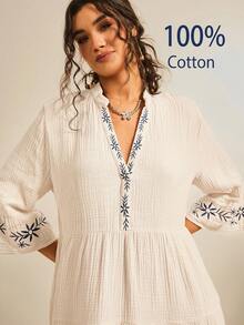 Freevana Plus Size Apricot Casual Four-Layer Dress, 3/4 Sleeves V-Neck Long Cotton Dress, Embroidered Dress, Embroidered Decorative Flared Cuffs, Waist-Length Dress, Date Evening Dress