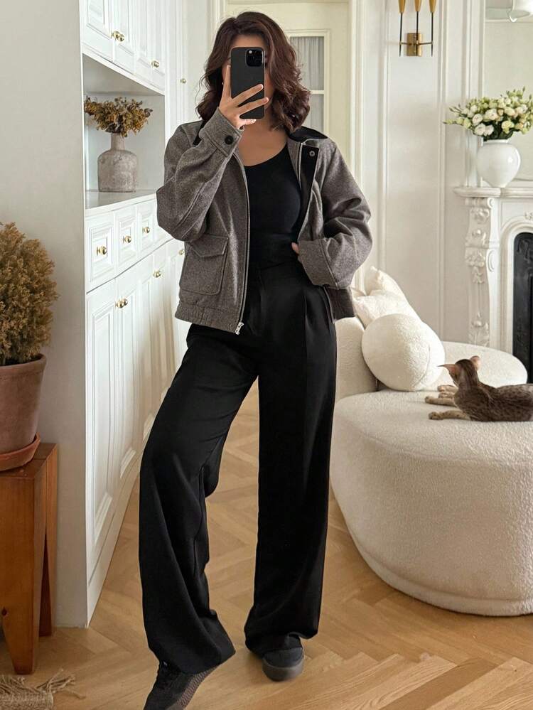 Women's Contrast Color Collar Pocket Decor Long Sleeve Casual Regular Jacket Women Coats