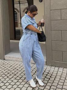 Dripcurv Bộ đồ liền thân denim giặt thường ngày cỡ lớn có tay cánh dơi - Màu xanh lam - Xem 4