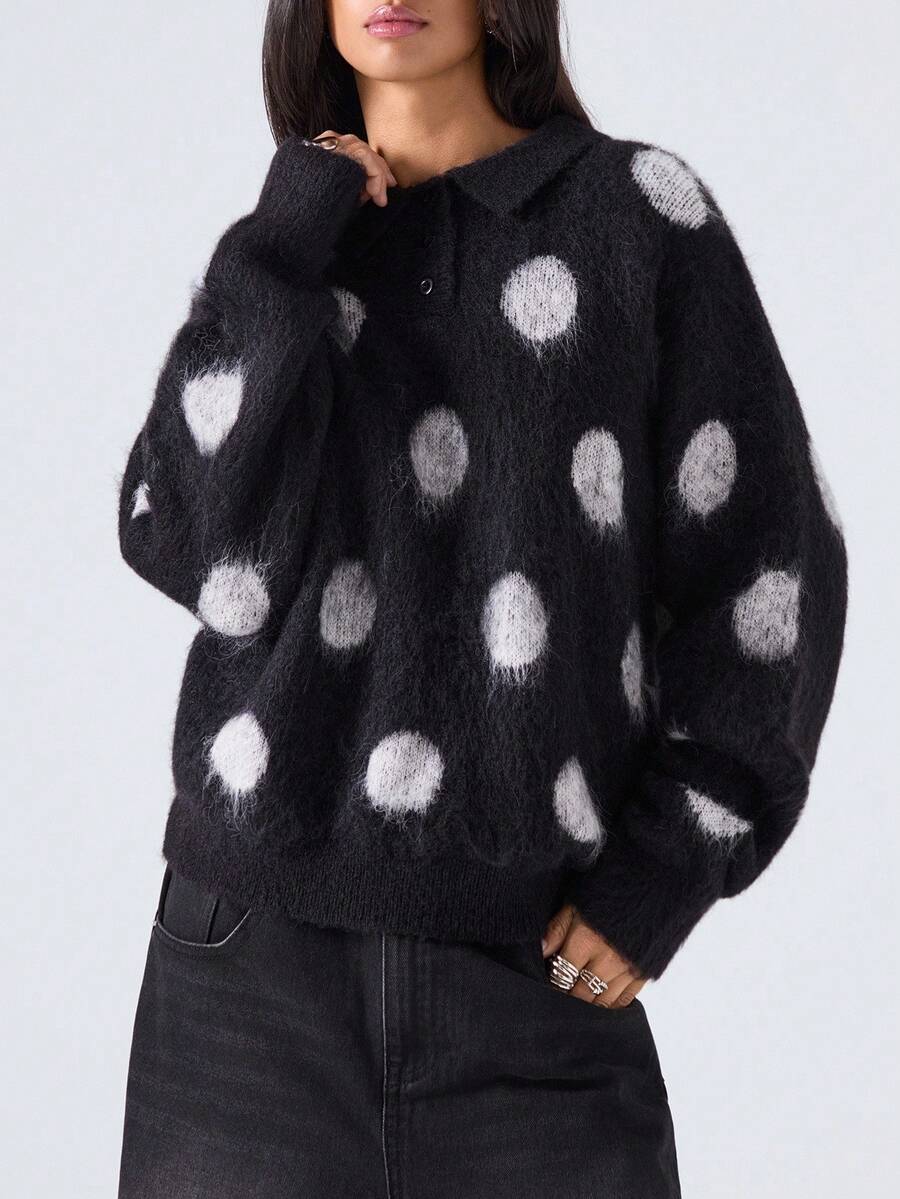 LYSMO Suéter de punto con cuello vuelto y estampado de lunares, casual para mujer, otoño/invierno