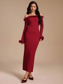 Glamine Elegant Commuter Solid Color Off Shoulder Long Knit Dress - Burgundy - View 1