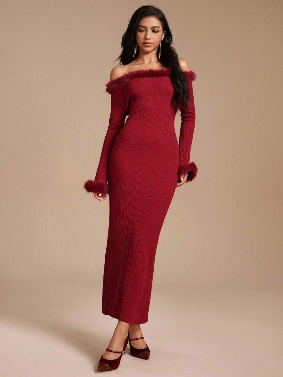 Glamine Elegant Commuter Solid Color Off Shoulder Long Knit Dress - Burgundy - View 1