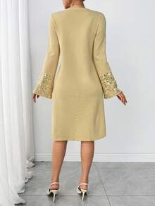 Modelyn Vestido de suéter casual y holgado con cuentas para mujer - Camel - Ver 2