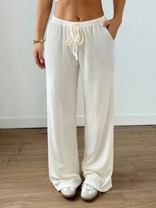 SHEIN Tall 1 件女式杏色针织弹力面料长裤，口袋，抽绳，低腰，松紧腰带，休闲日常穿着，秋季 - 杏色 - 查看 4