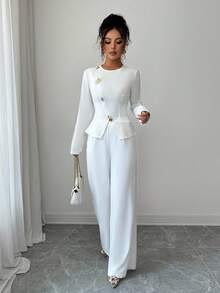 Elenzga Bộ 2 món thanh lịch áo dài tay thắt eo cài nút và quần ống rộng cho nữ - trắng - Xem 6